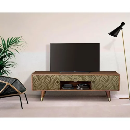 Mueble TV Madera Mango Cajones y Puerta Repujados Lámina Bronce 2 Puertas + 1 Cajón 140x40x46 Cm - Giner y Colomer (6)