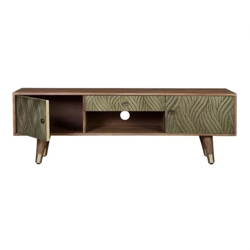 Mueble TV Madera Mango Cajones y Puerta Repujados Lámina Bronce 2 Puertas + 1 Cajón 140x40x46 Cm - Giner y Colomer (7)