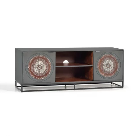 Mueble TV Madera Mango Color Gris Frontales Tallados 2 Puertas Base Metal 150x40x56 Cm - Giner y Colomer (3)