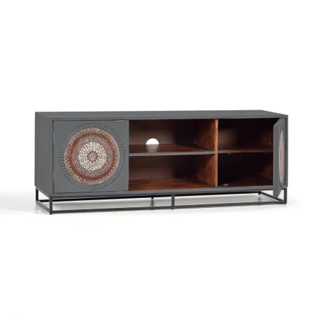 Mueble TV Madera Mango Color Gris Frontales Tallados 2 Puertas Base Metal 150x40x56 Cm - Giner y Colomer (5)
