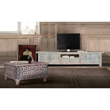 Mueble TV Madera Mango Decapado Blanco 4 Puertas + 1 Cajón 230x42x50 Cm - Giner y Colomer (2)