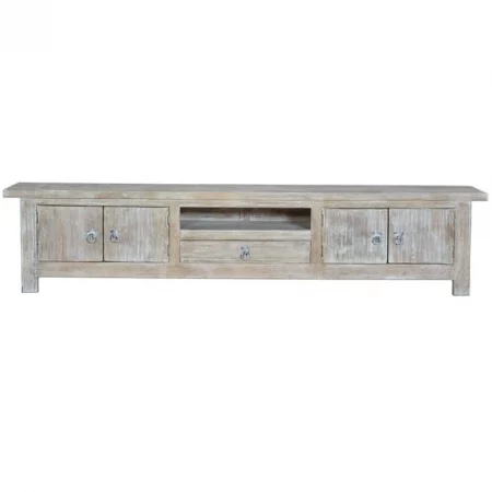 Mueble TV Madera Mango Decapado Blanco 4 Puertas + 1 Cajón 230x42x50 Cm - Giner y Colomer (4)