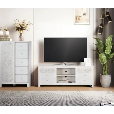 Mueble TV Madera Mango Decapado Blanco Tallado 6 Cajones + 1 Estante 180x40x70 - Giner y Colomer (1)