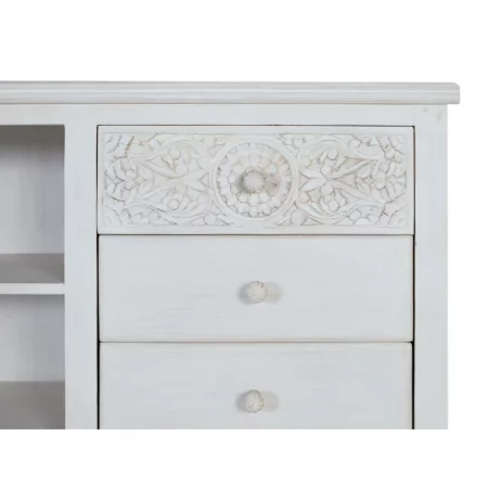 Mueble TV Madera Mango Decapado Blanco Tallado 6 Cajones + 1 Estante 180x40x70 - Giner y Colomer (4)