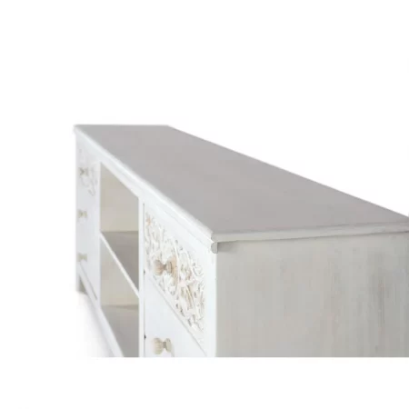 Mueble TV Madera Mango Decapado Blanco Tallado 6 Cajones + 1 Estante 180x40x70 - Giner y Colomer (5)