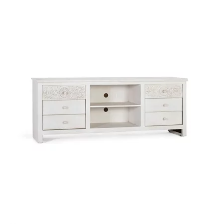 Mueble TV Madera Mango Decapado Blanco Tallado 6 Cajones + 1 Estante 180x40x70 - Giner y Colomer (6)