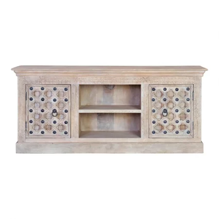 Mueble TV Madera Mango Macizo Detalles Bronce 2 Puertas Colección Bakhra Natural 160x40x70 Cm - Giner y Colomer (5)