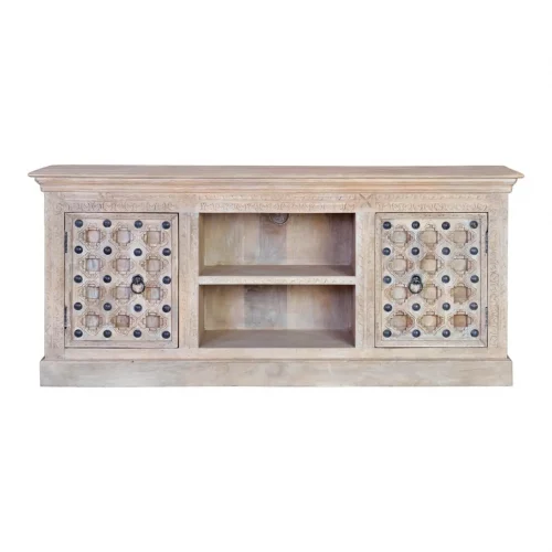 Mueble TV Madera Mango Macizo Detalles Bronce 2 Puertas Colección Bakhra Natural 160x40x70 Cm - Giner y Colomer (5)