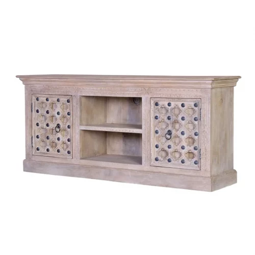 Mueble TV Madera Mango Macizo Detalles Bronce 2 Puertas Colección Bakhra Natural 160x40x70 Cm - Giner y Colomer (6)