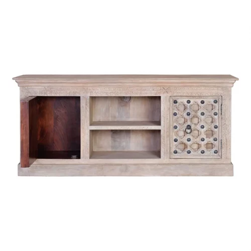 Mueble TV Madera Mango Macizo Detalles Bronce 2 Puertas Colección Bakhra Natural 160x40x70 Cm - Giner y Colomer (7)