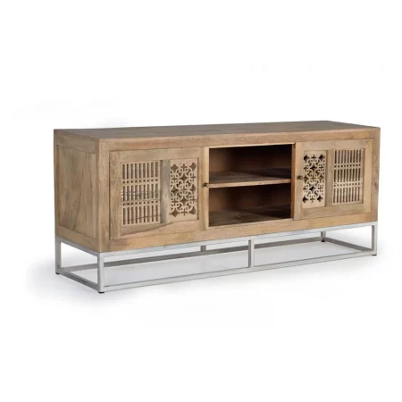Mueble TV Madera Mango Natural Base Metal 2 Puertas + 1 Estante Colección Style 160x40x65 Cm - Giner y Colomer (4)