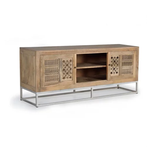 Mueble TV Madera Mango Natural Base Metal 2 Puertas + 1 Estante Colección Style 160x40x65 Cm - Giner y Colomer (4)