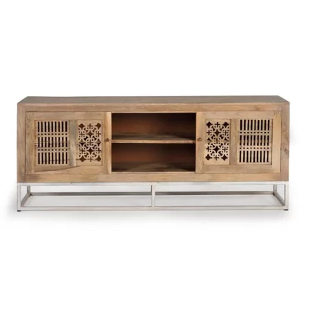 Mueble TV Madera Mango Natural Base Metal 2 Puertas + 1 Estante Colección Style 160x40x65 Cm - Giner y Colomer (5)