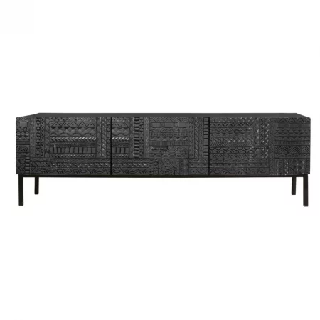 Mueble TV Madera Mango Puertas Talladas Color Wengué Colección Jeroglífico 3 Cajones 180x40x55 Cm - Giner y Colomer (1)
