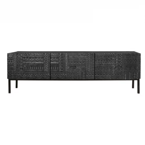 Mueble TV Madera Mango Puertas Talladas Color Wengué Colección Jeroglífico 3 Cajones 180x40x55 Cm - Giner y Colomer (1)