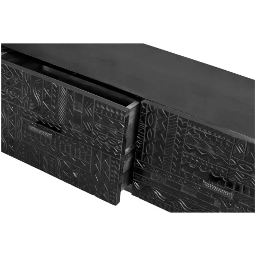 Mueble TV Madera Mango Puertas Talladas Color Wengué Colección Jeroglífico 3 Cajones 180x40x55 Cm - Giner y Colomer (2)