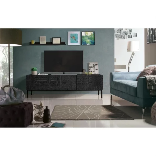 Mueble TV Madera Mango Puertas Talladas Color Wengué Colección Jeroglífico 3 Cajones 180x40x55 Cm - Giner y Colomer (4)