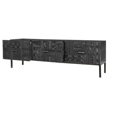 Mueble TV Madera Mango Puertas Talladas Color Wengué Colección Jeroglífico 3 Cajones 180x40x55 Cm - Giner y Colomer (5)
