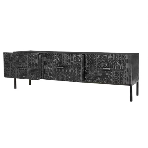 Mueble TV Madera Mango Puertas Talladas Color Wengué Colección Jeroglífico 3 Cajones 180x40x55 Cm - Giner y Colomer (5)