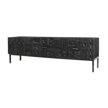 Mueble TV Madera Mango Puertas Talladas Color Wengué Colección Jeroglífico 3 Cajones 180x40x55 Cm - Giner y Colomer (7)