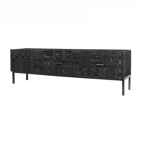 Mueble TV Madera Mango Puertas Talladas Color Wengué Colección Jeroglífico 3 Cajones 180x40x55 Cm - Giner y Colomer (7)