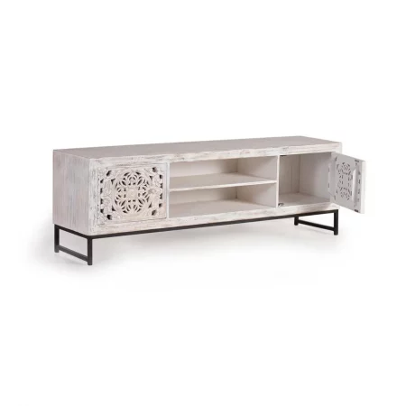 Mueble TV Madera Mango Tallado a Mano 2 Puertas + 1 Estante Patas Metal Colección Mykonos 177x47x62 Cm - Giner y Colomer (1)