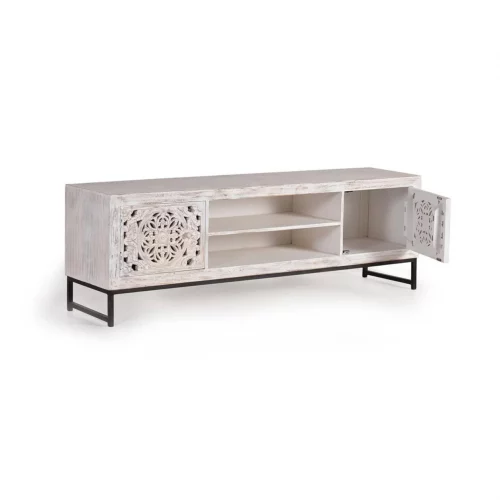 Mueble TV Madera Mango Tallado a Mano 2 Puertas + 1 Estante Patas Metal Colección Mykonos 177x47x62 Cm - Giner y Colomer (1)