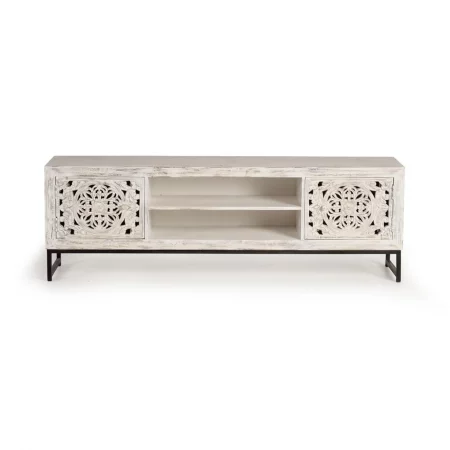 Mueble TV Madera Mango Tallado a Mano 2 Puertas + 1 Estante Patas Metal Colección Mykonos 177x47x62 Cm - Giner y Colomer (2)