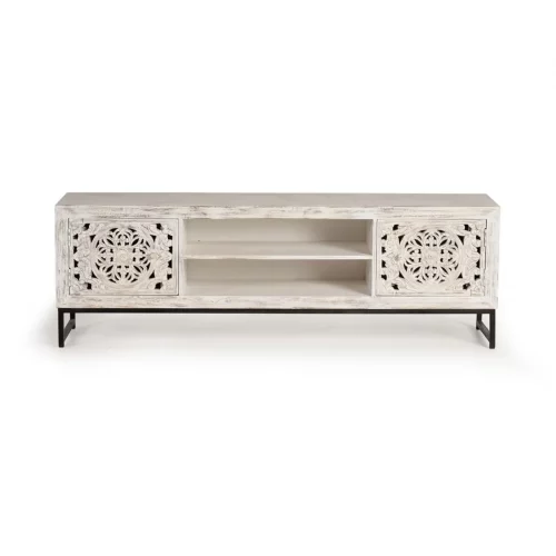 Mueble TV Madera Mango Tallado a Mano 2 Puertas + 1 Estante Patas Metal Colección Mykonos 177x47x62 Cm - Giner y Colomer (2)