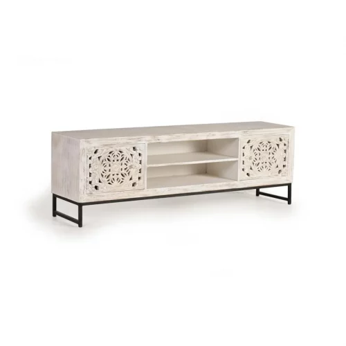 Mueble TV Madera Mango Tallado a Mano 2 Puertas + 1 Estante Patas Metal Colección Mykonos 177x47x62 Cm - Giner y Colomer (6)