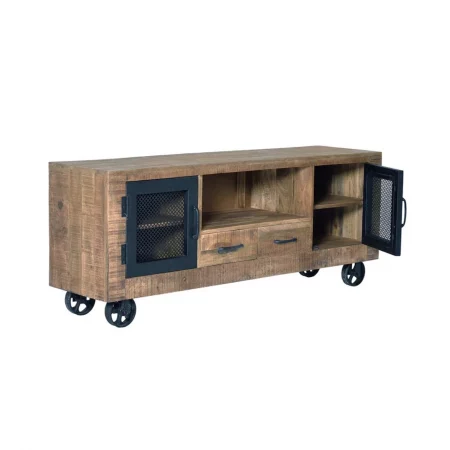 Mueble TV Madera Mango cRuedas Estilo Industrial 2 Puertas + 2 Cajones Colección Ireland 150x38x60 Cm - Giner y Colomer (1)