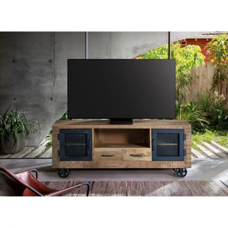Mueble TV Madera Mango cRuedas Estilo Industrial 2 Puertas + 2 Cajones Colección Ireland 150x38x60 Cm - Giner y Colomer (3)