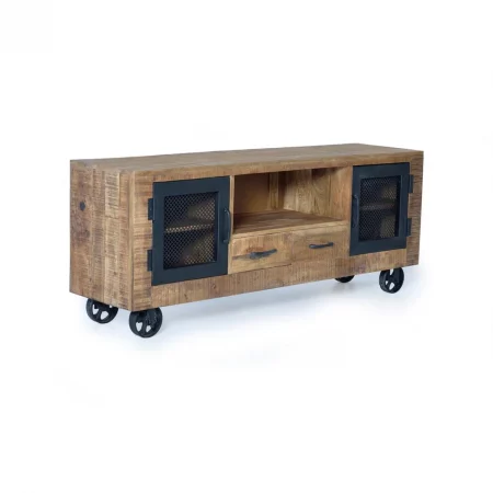 Mueble TV Madera Mango cRuedas Estilo Industrial 2 Puertas + 2 Cajones Colección Ireland 150x38x60 Cm - Giner y Colomer (7)