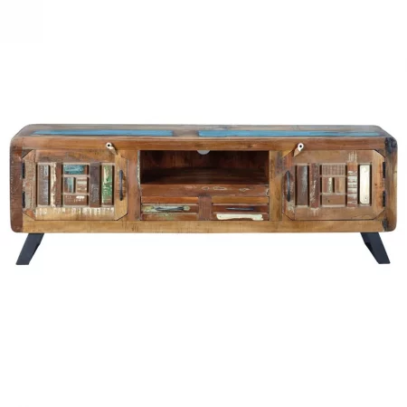 Mueble TV Madera Reciclada Multicolor Patas Metal 2 Puertas + 2 Cajones 160x40x54 - Giner y Colomer (1)