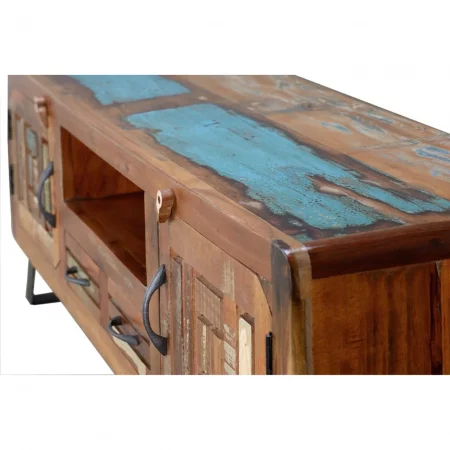 Mueble TV Madera Reciclada Multicolor Patas Metal 2 Puertas + 2 Cajones 160x40x54 - Giner y Colomer (7)