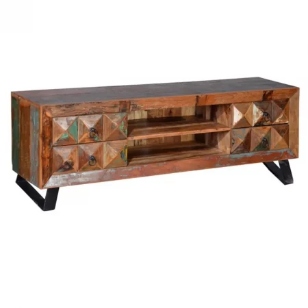 Mueble TV Madera Reciclada Patas Metal 4 cajones + 1 Estante Colección Diamante Reciclado 150x40x55 Cm - Giner y Colomer (1)