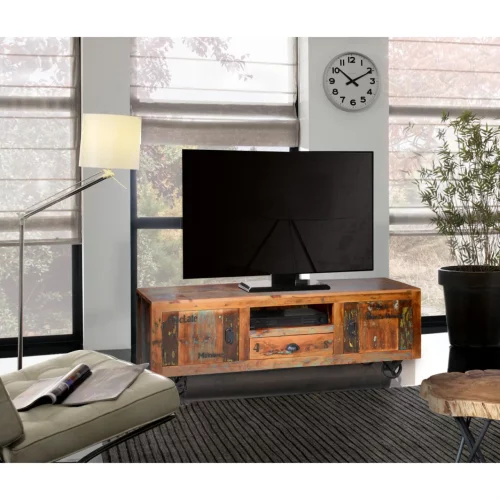 Mueble TV Madera Reciclada cRuedas Metal 2 Puertas + 1 Cajón 160x40x55 Cm - Giner y Colomer (2)
