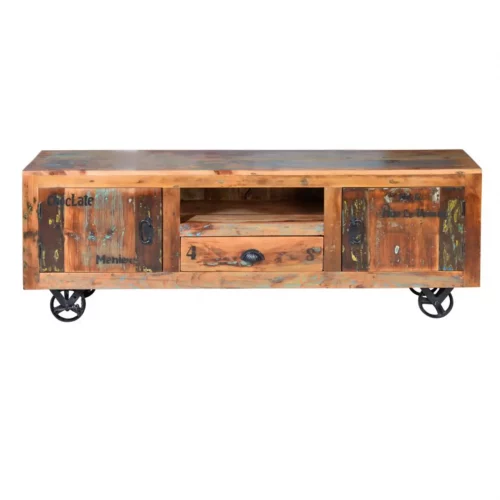 Mueble TV Madera Reciclada cRuedas Metal 2 Puertas + 1 Cajón 160x40x55 Cm - Giner y Colomer (3)
