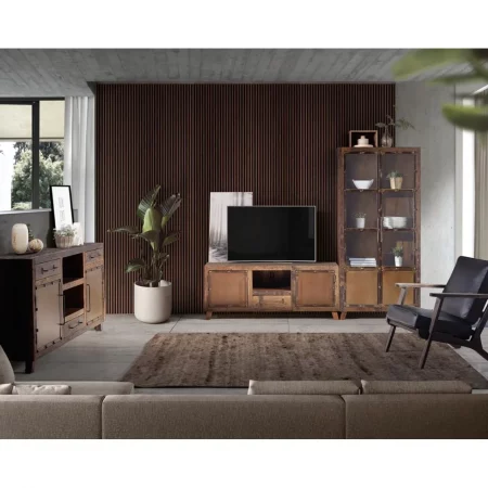Mueble TV Madera Traviesa Ferrocarril Reciclada 2 Puertas + 1 Cajón Colección Sunderland 150x40x60 Cm - Giner y Colomer (4)