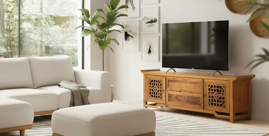 Mueble TV Madera de Teca Maciza Natural 180x38x60 Cm - Giner y Colomer (1)