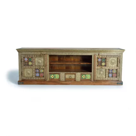 Mueble TV Repujado con Azulejos Madera Acacia Maciza Colección Benin 180x40x60 Cm - Giner y Colomer (1)