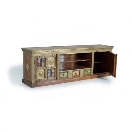 Mueble TV Repujado con Azulejos Madera Acacia Maciza Colección Benin 180x40x60 Cm - Giner y Colomer (6)