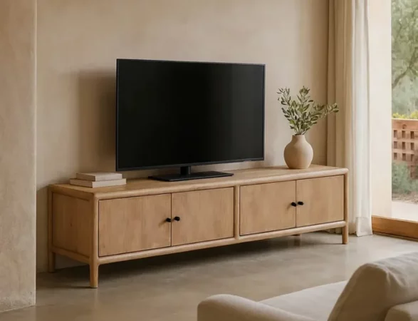 Mueble TV bajo de madera de mango con 4 puertas 45x27,5 cm y patas de 10 cm-MOVIL (3)