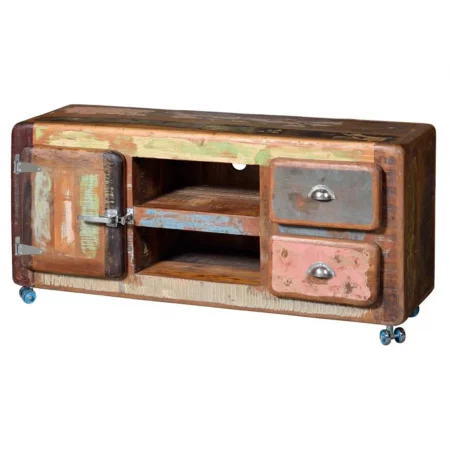 Mueble TV cRuedas Madera Reciclada 2 Cajones + 1 Puerta Estilo Industrial 135x40x56 Cm - Giner y Colomer (1)