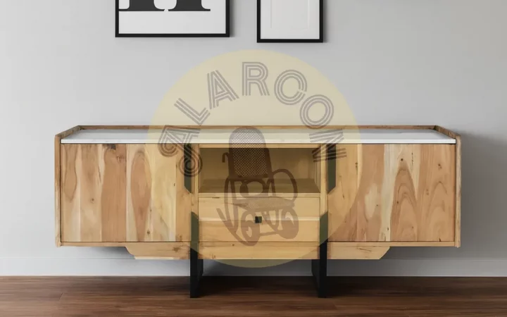 Mueble TV de Madera de Acacia y Mármol Blanco - 145x40x54 cm-MOVIL (3)