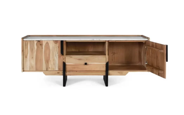 Mueble TV de Madera de Acacia y Mármol Blanco - 145x40x54 cm-MOVIL (4)