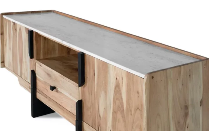 Mueble TV de Madera de Acacia y Mármol Blanco - 145x40x54 cm-MOVIL (6)