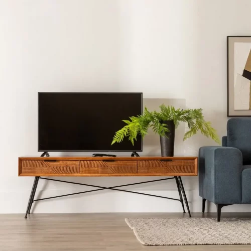 Mueble TV de Madera de Caucho y Metal Marrón y Negro 3 Cajones - Ixia (1)