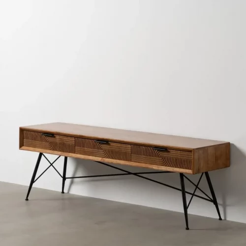 Mueble TV de Madera de Caucho y Metal Marrón y Negro 3 Cajones - Ixia (2)