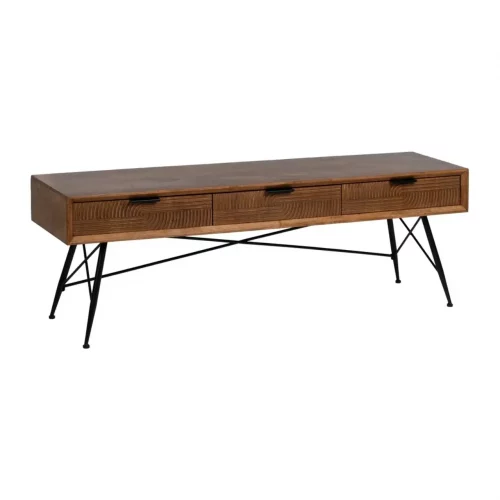 Mueble TV de Madera de Caucho y Metal Marrón y Negro 3 Cajones - Ixia (3)